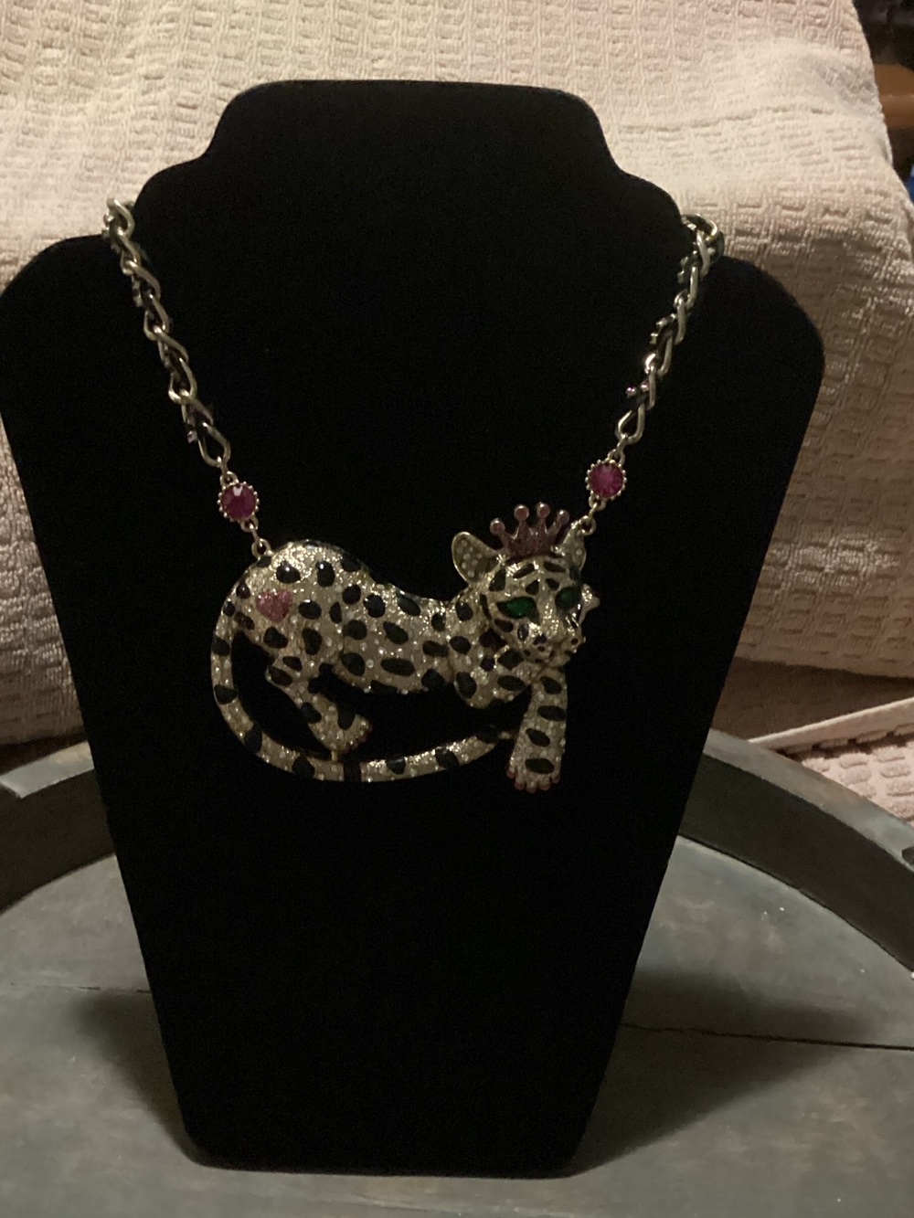 Betsey Johnson Black & Pink Leopard Pendant Necklace with Green Eye Accents